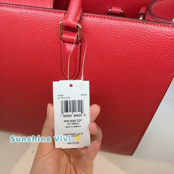 NWT Bundle Coach Maggie Tote Bag Leather CY666 Gold/True Red & Long Charm Chain - Picture 8 of 16